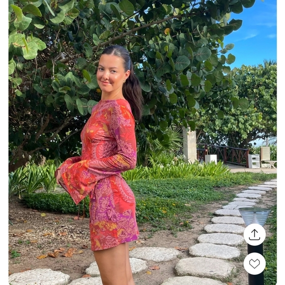 Urban Outfitters Pink Floral Open Back Long Sleeve Mini Dress Boho Barbie - Picture 3 of 9